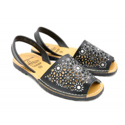 Women's Avarca Menorquina Flat Sandals Leather black Summer Shoes perforated floral 387 C. Ortuño