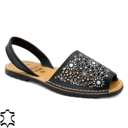 Women's Avarca Menorquina Flat Sandals Leather black Summer Shoes perforated floral 387 C. Ortuño