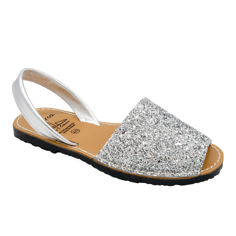 Women's Flat Sandals Avarca Menorquina silver Glitter Menorca Shoes with Sequins Leather Strap 275 C. Ortuño Made in Spain