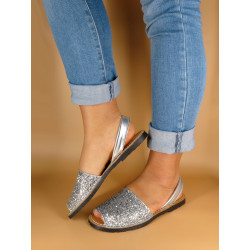 Women's Flat Sandals Avarca Menorquina silver Glitter Menorca Shoes with Sequins Leather Strap 275 C. Ortuño Made in Spain