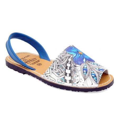 Damen Sandalen Leder Avarca Menorquina Echtleder Menorca Sommerschuhe weiß blau Blumen Muster Barca Abarca C. Ortuño 376