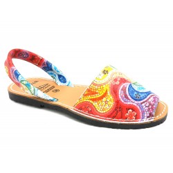 Echtleder Damen Sandalen Avarca Menorquina Leder Sommerschuhe rot bunt Mosaik 355 C. Ortuño