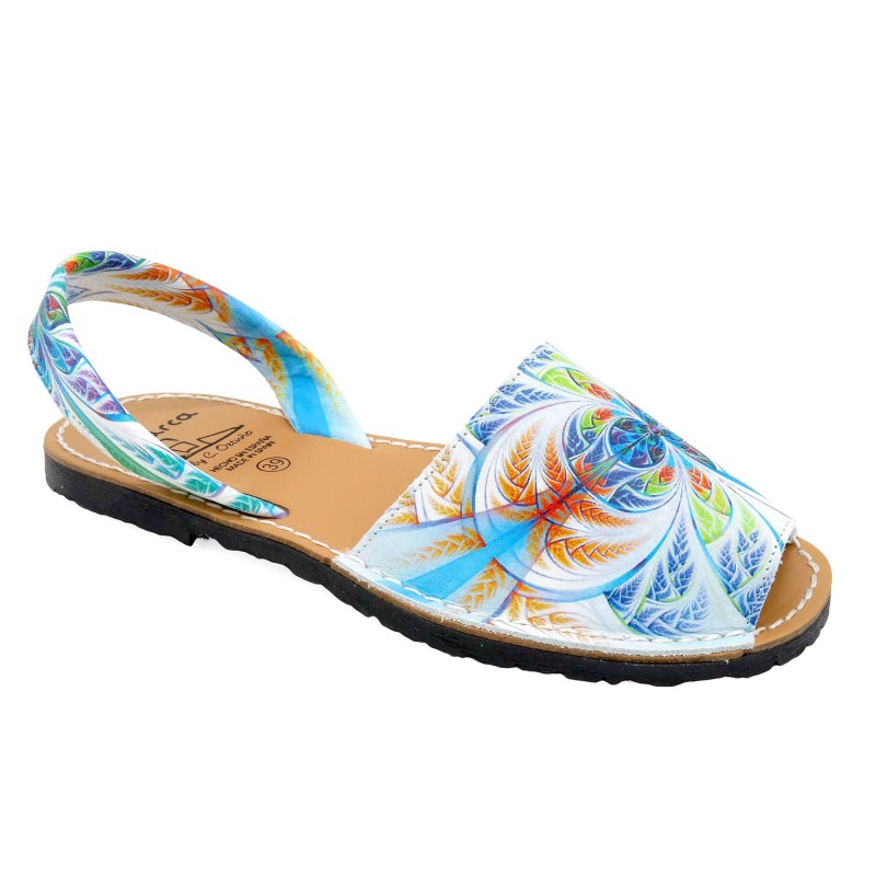 Avarca Menorquina Damen Sandalen Leder Menorca Sommerschuhe flach blau bunt Muster 334 C. Ortuño