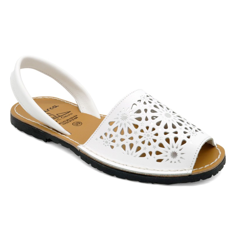 Avarca Menorquina leather white Women's flat sandals Menorca Abarca perforated floral pattern 387 C.Ortuno Spanish summer shoes