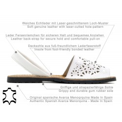 Avarca Menorquina Leder weiß Menorca Damen Sandalen Abarca Sommerschuhe Laser Muster C.Ortuno 387