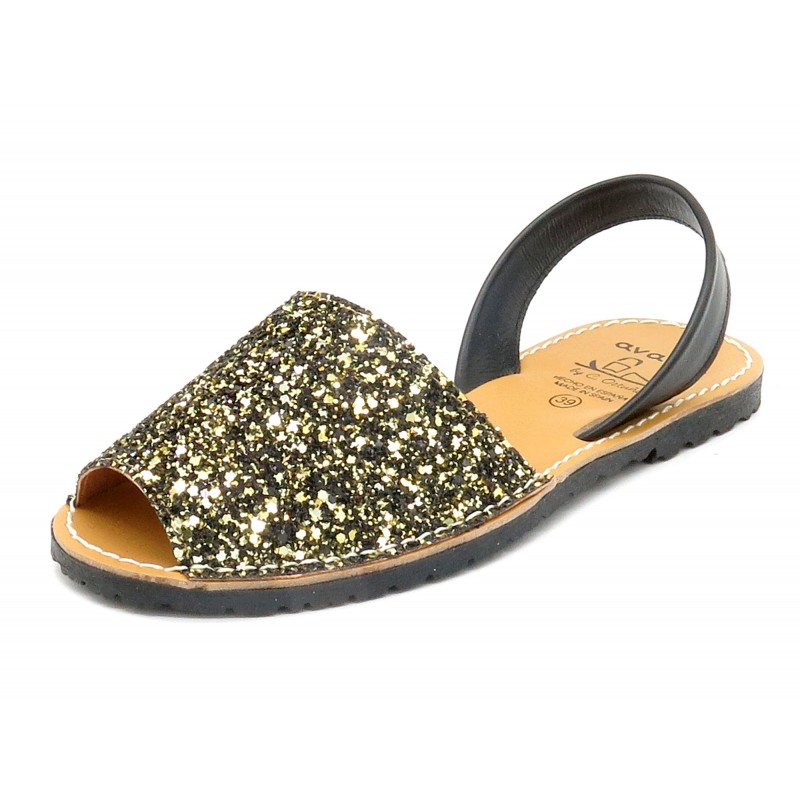 Avarca Menorquina Women's Flat Sandals black gold Glitter Sequins Menorca Shoes Leather strap