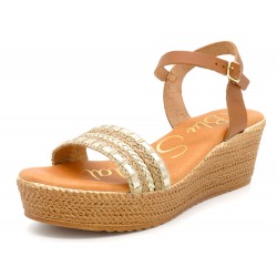 Damen Keilabsatz Sandalen beige Leder Sommerschuhe Echtleder Fußbett gepolstert Blu-Sandal 5001 Spanische Schuhe