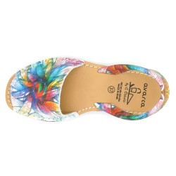 Damen Sandalen Leder Avarca Menorquina Menorca Sommerschuhe blau bunt Blumen Muster Avarcas C. Ortuño 383