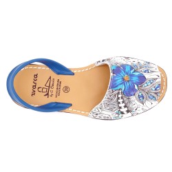 Damen Sandalen Leder Avarca Menorquina Echtleder Menorca Sommerschuhe weiß blau Blumen Muster Barca Abarca C. Ortuño 376