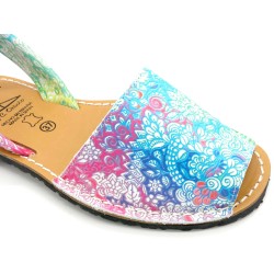 Women's Flat Sandals Leather Avarca Menorquina Summer Shoes floral blue colorful 381 C. Ortuño