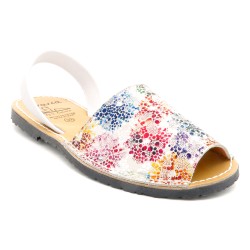 Damen Sandalen Avarca Menorquina Leder spanische Menorca Sommerschuhe Echtleder weiß Blumen Muster 505 C. Ortuño Spanien outlet