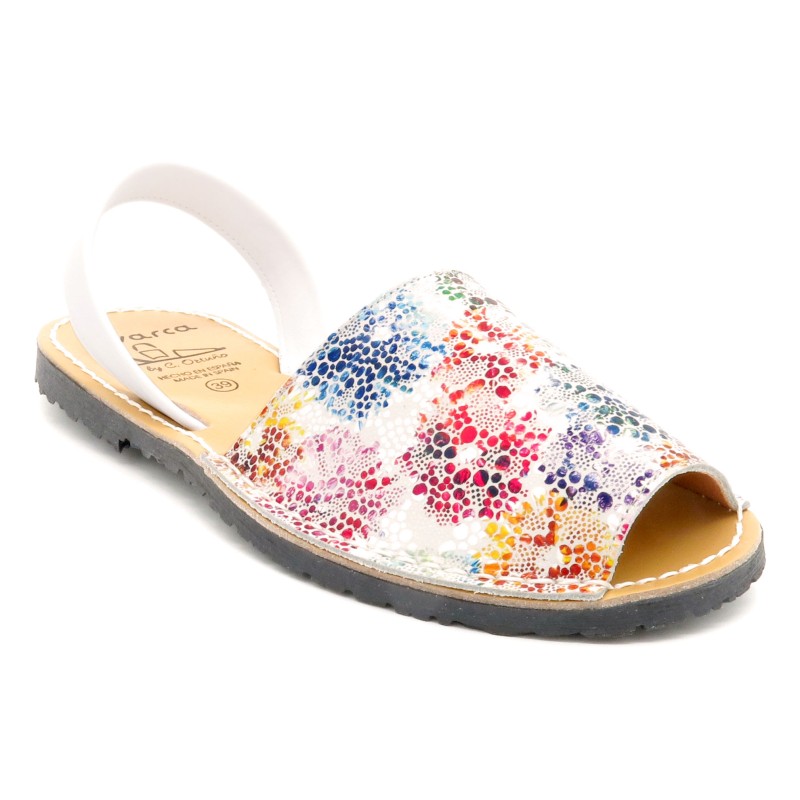 Women's Flat Sandals Leather Avarca Menorquina Spanish Shoes floral white flower print 505 C. Ortuño spain outlet sale