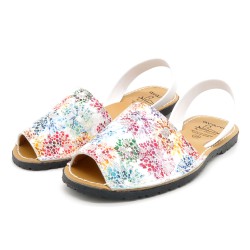 Damen Sandalen Avarca Menorquina Leder spanische Menorca Sommerschuhe Echtleder weiß Blumen Muster 505 C. Ortuño Spanien outlet