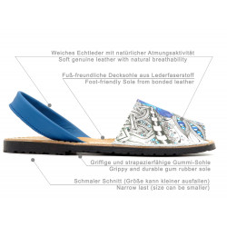 Damen Sandalen Leder Avarca Menorquina Echtleder Menorca Sommerschuhe weiß blau Blumen Muster Barca Abarca C. Ortuño 376