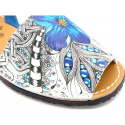 Leather Flat Sandals Women's Avarcas Summer Shoes blue flowers - Made in Spain