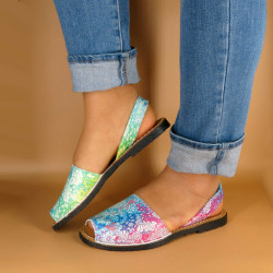 Women's Flat Sandals Leather Avarca Menorquina Summer Shoes floral blue colorful 381 C. Ortuño