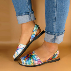 Avarca Menorquina Leather Women's Flat Sandals colorful floral blue flowers 383 C. Ortuño menorca summer shoes