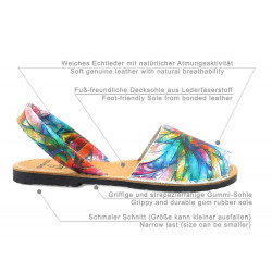 Damen Sandalen Leder Avarca Menorquina Menorca Sommerschuhe blau bunt Blumen Muster Avarcas C. Ortuño 383